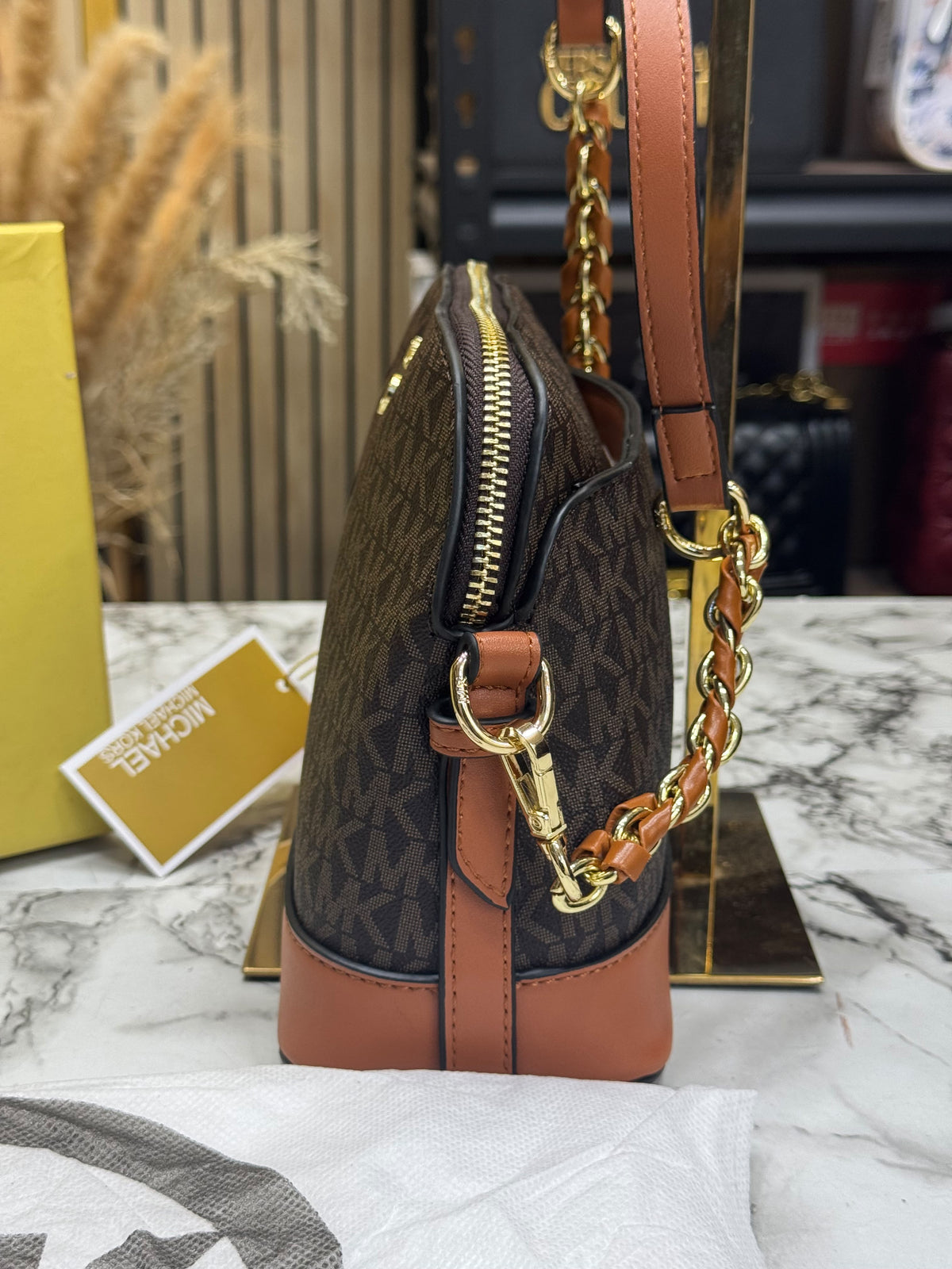 MK-Inspired Jet Set Charm Logo Dome Saffiano Leather Crossbody Bag (Brown)