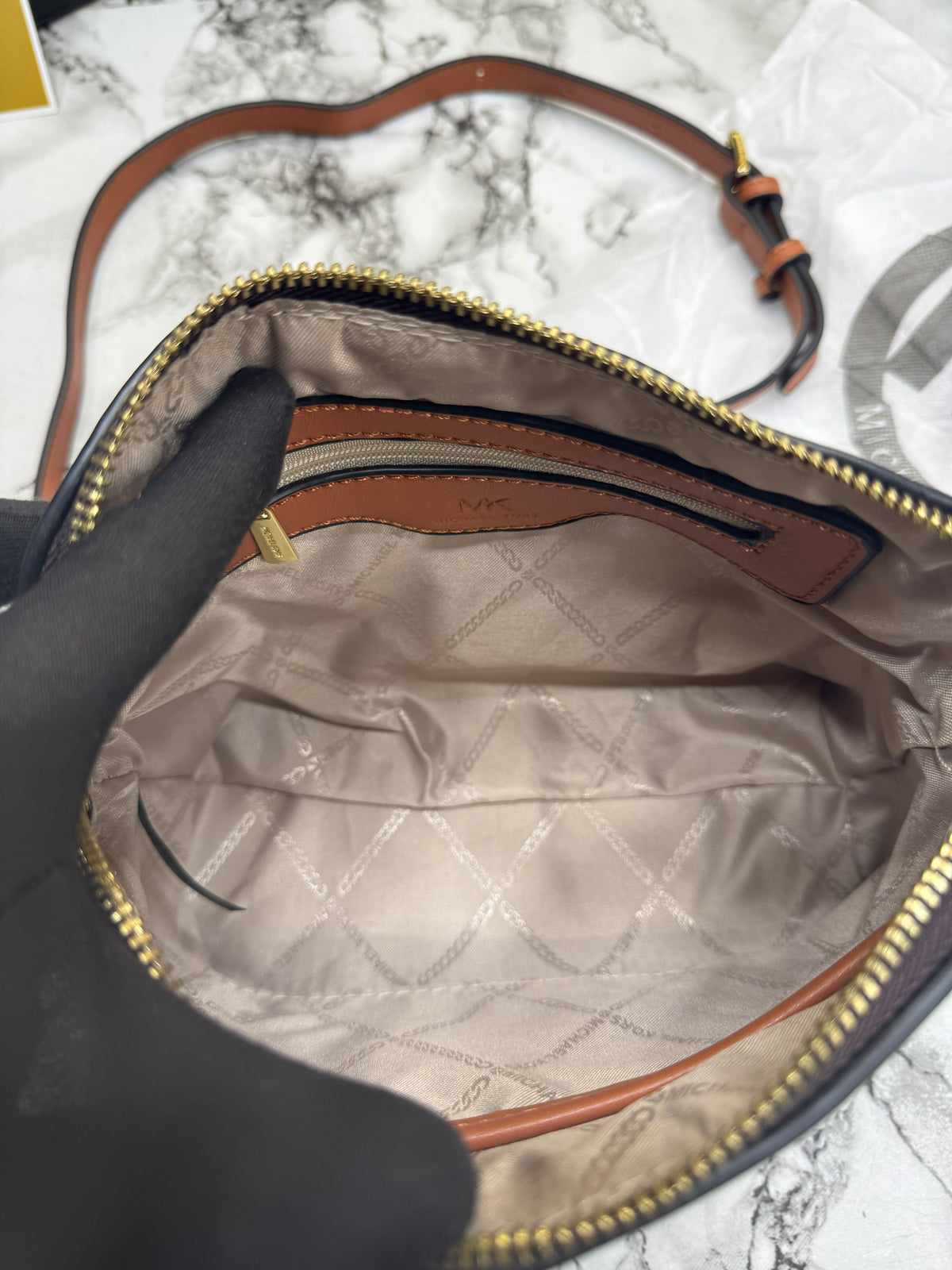 MK-Inspired Jet Set Charm Logo Dome Saffiano Leather Crossbody Bag (Brown)
