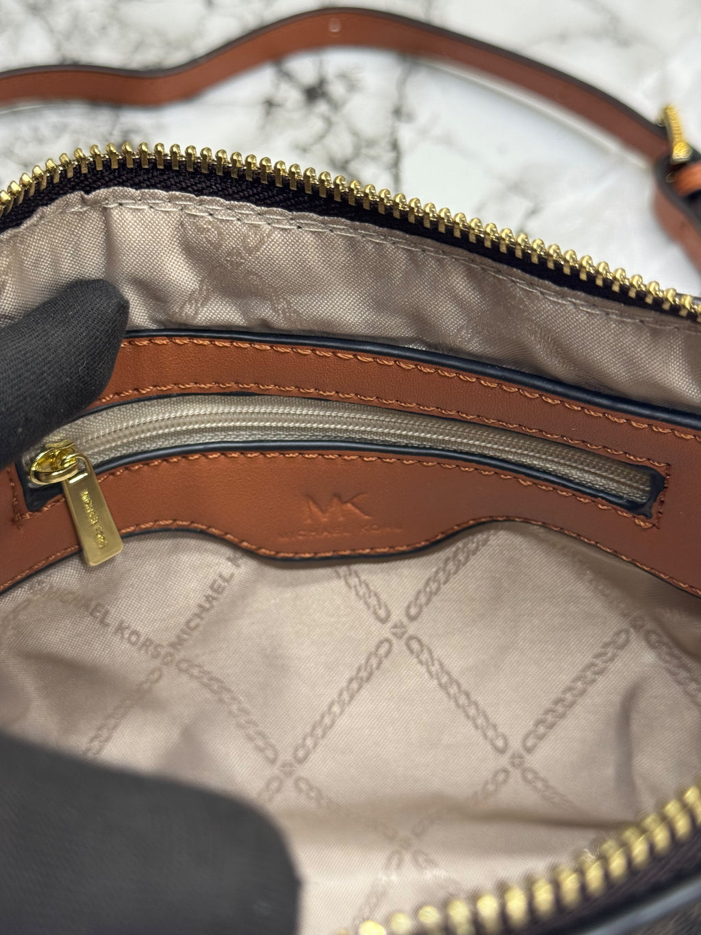 MK-Inspired Jet Set Charm Logo Dome Saffiano Leather Crossbody Bag (Brown)
