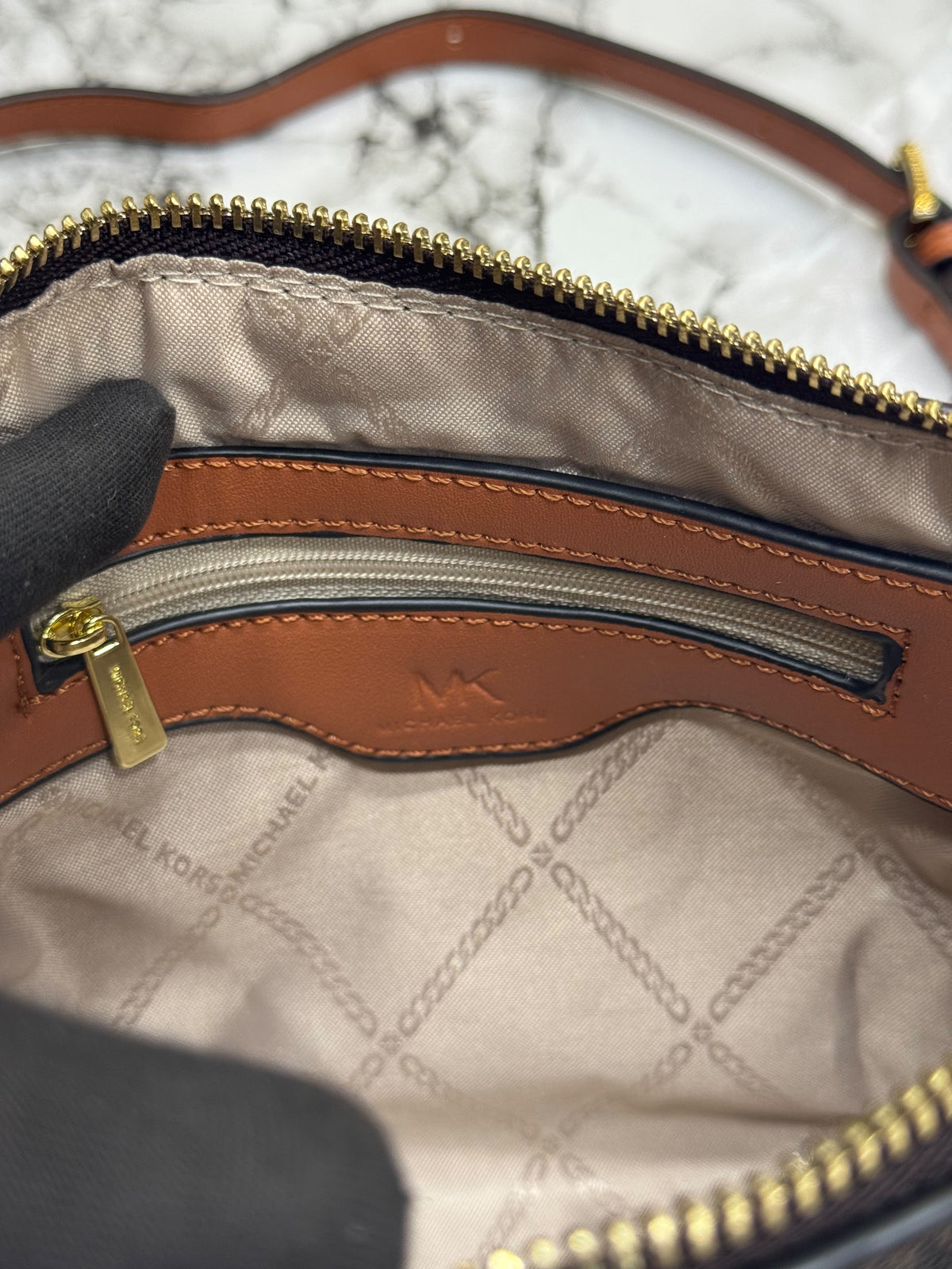 MK-Inspired Jet Set Charm Logo Dome Saffiano Leather Crossbody Bag (Brown)
