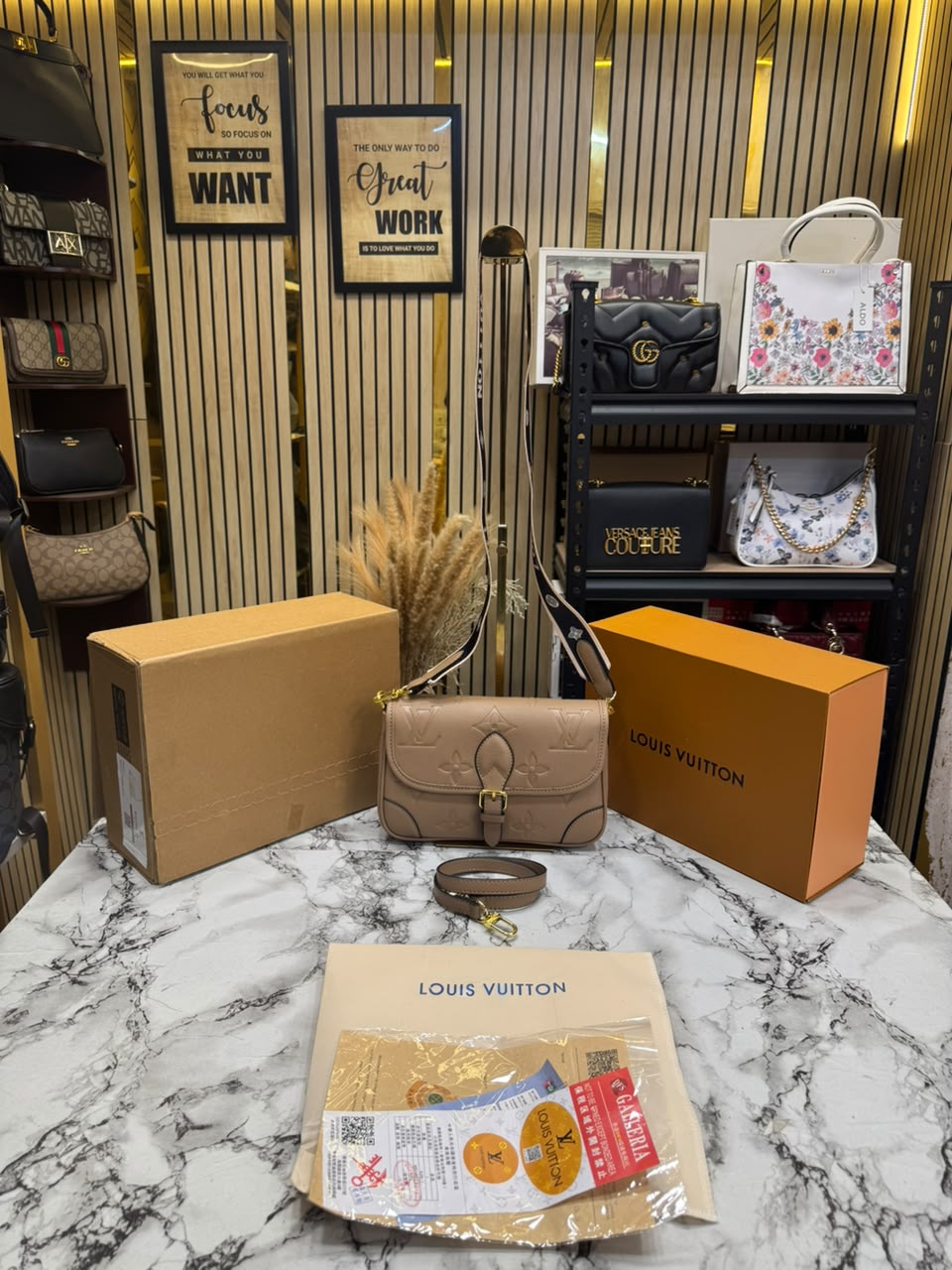 LV-Inspired Diane Satchel Shoulder Bag With Double Box And Dust bag (Apricot)
