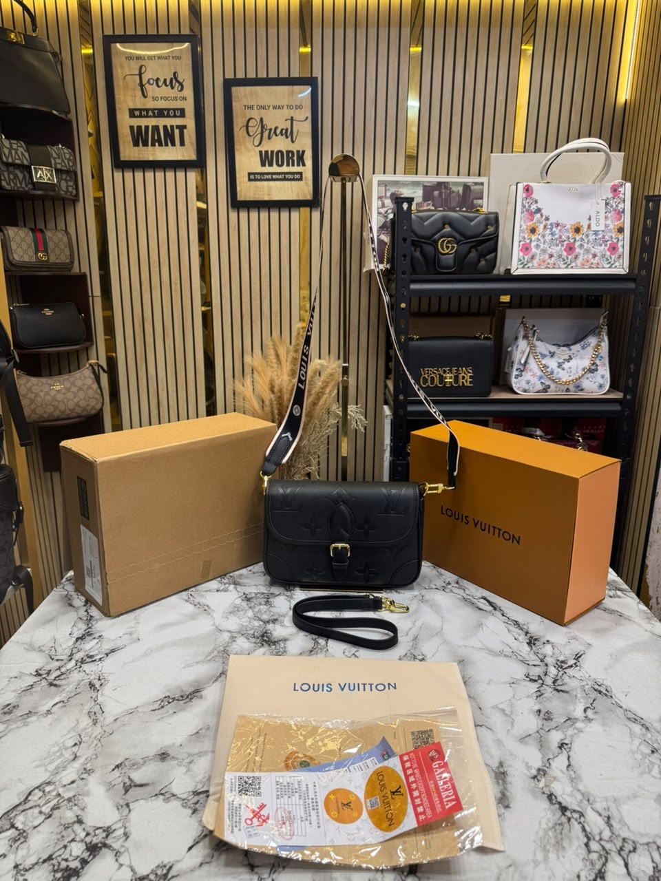 LV-Inspired Diane Satchel Shoulder Bag With Double Box And Dust Bag (Black)
