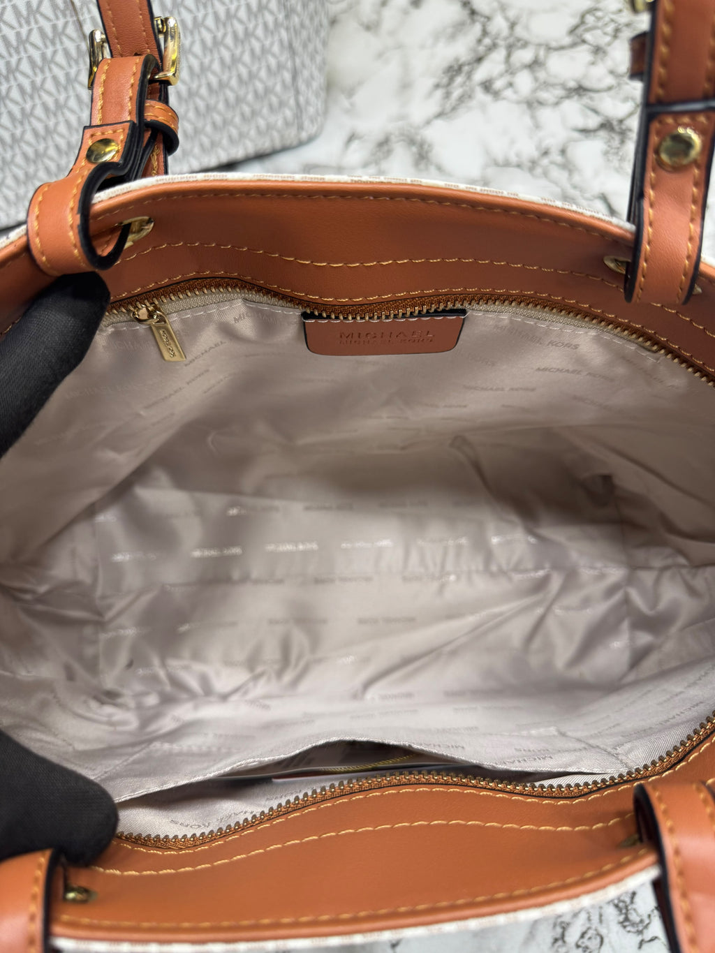 MK-Inspired Jet Set Travel Double Pocket Tote Bag With Dust Bag Including Card (Beige)