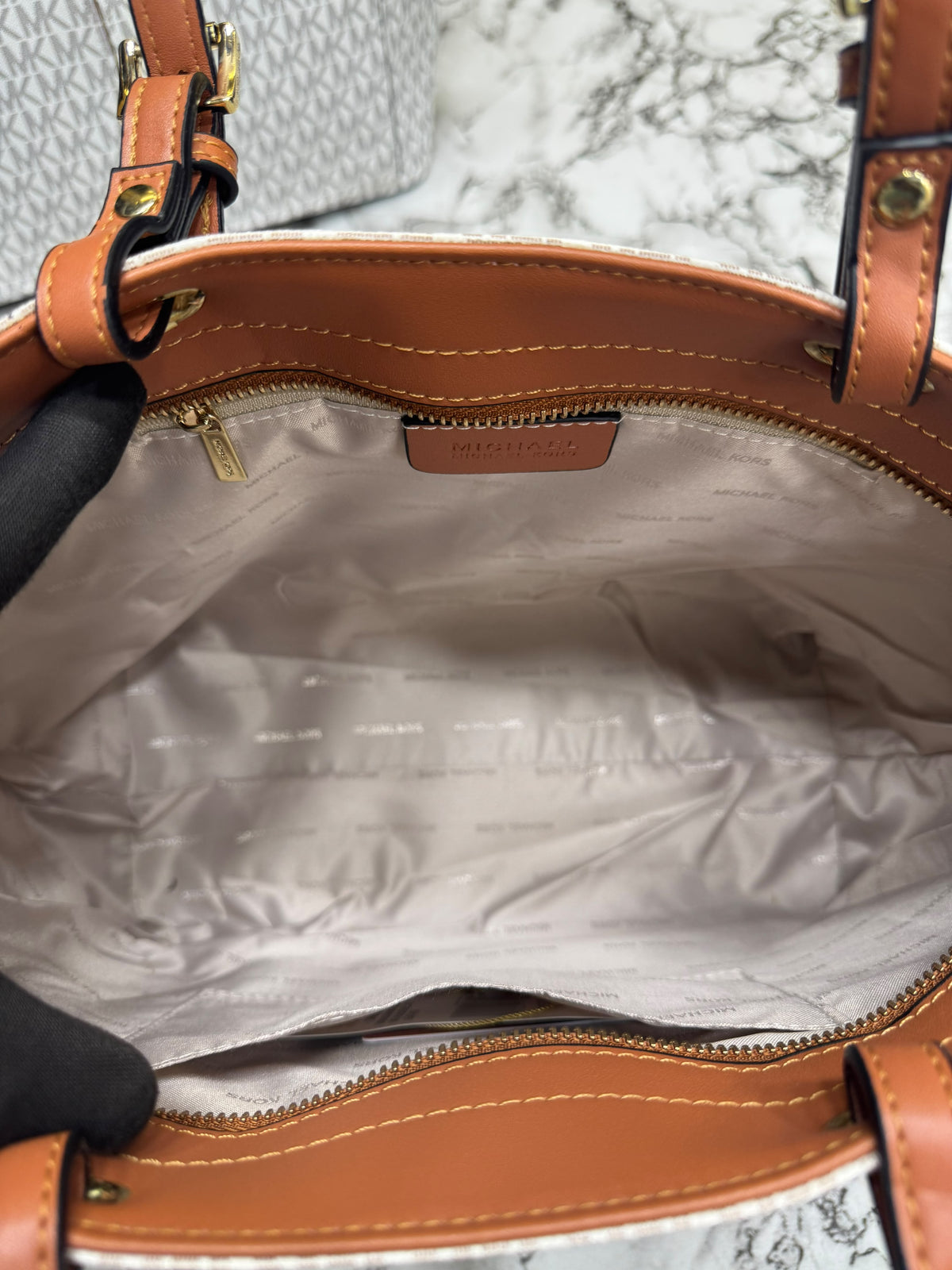 MK-Inspired Jet Set Travel Double Pocket Tote Bag With Dust Bag Including Card (Beige)