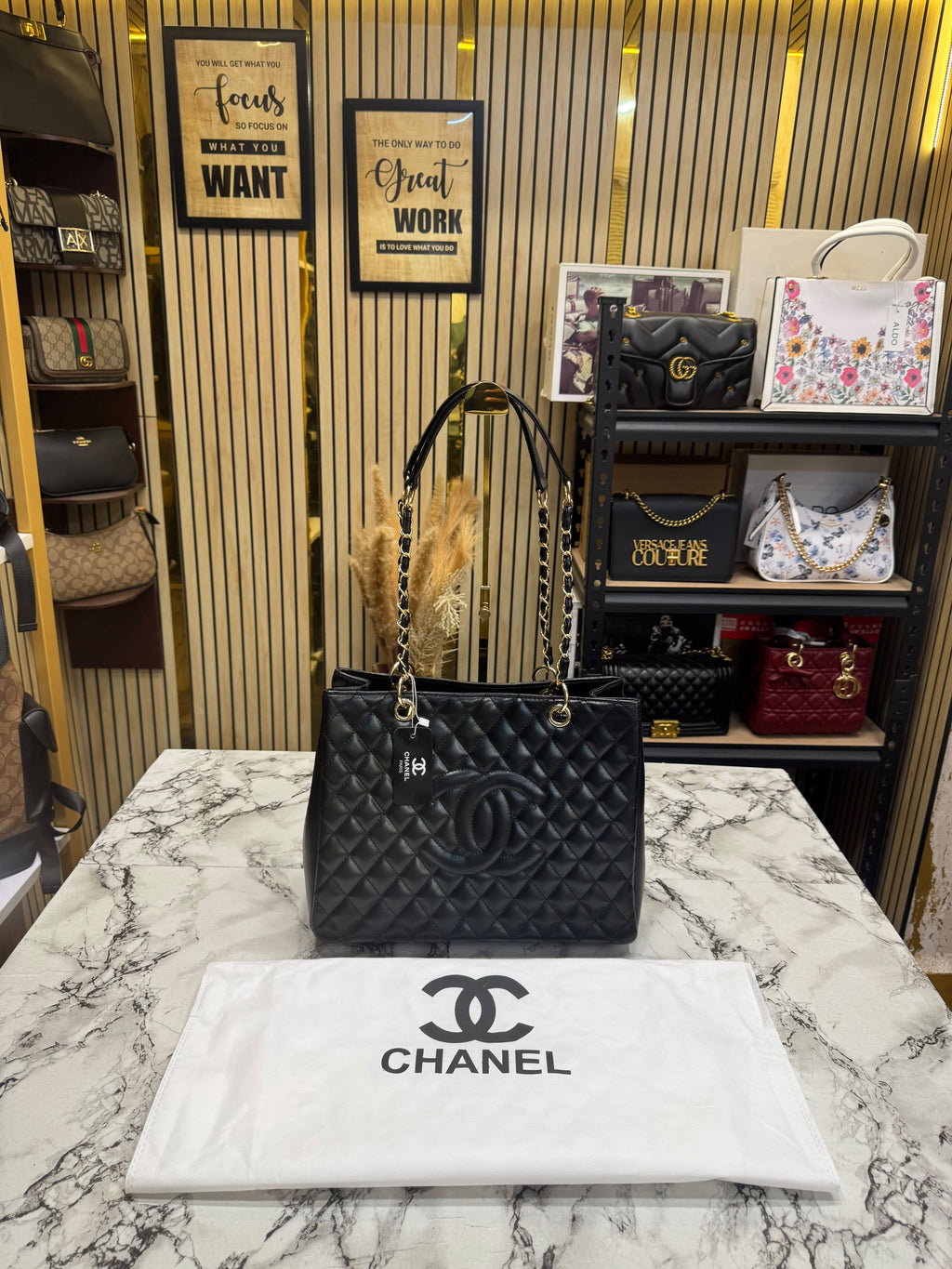 Chanel-Inspired Quilted CC Chain Tote Bag With Dust Bag (Black)