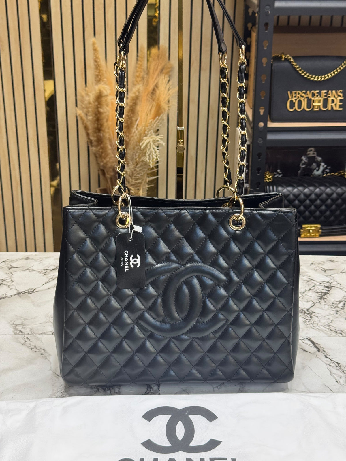 Chanel-Inspired Quilted CC Chain Tote Bag With Dust Bag (Black)