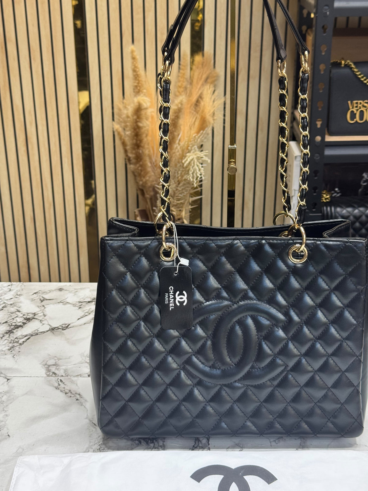 Chanel-Inspired Quilted CC Chain Tote Bag With Dust Bag (Black)