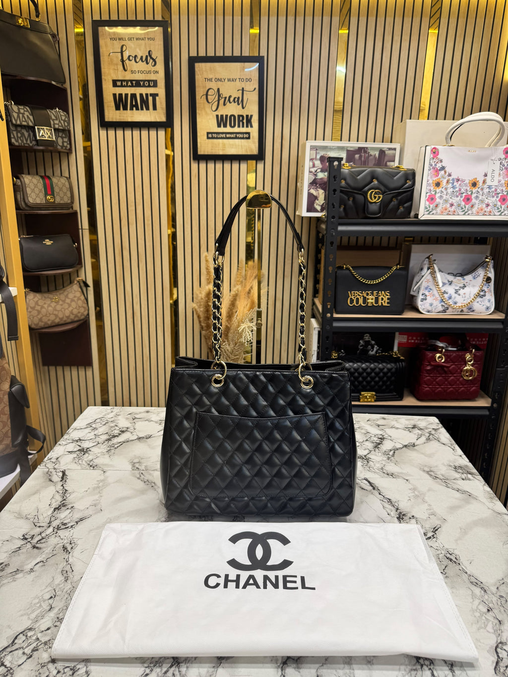Chanel-Inspired Quilted CC Chain Tote Bag With Dust Bag (Black)
