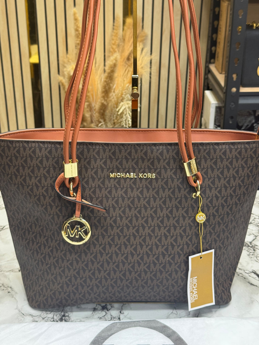 MK-Inspired Jet Set Travel Large Logo Tote Bag With Dust Bag (Brown)
