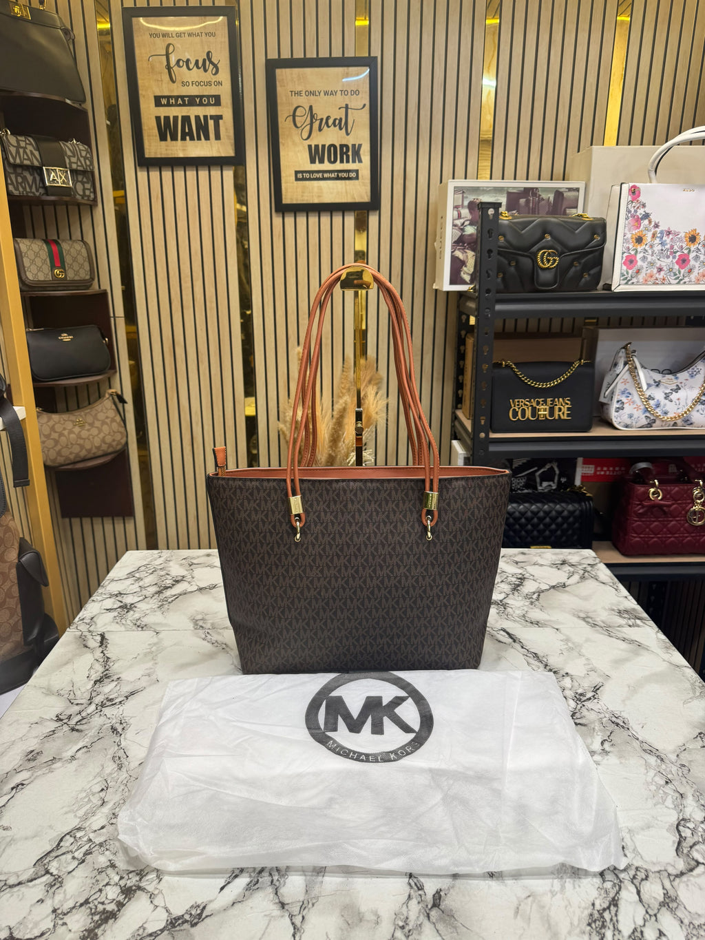 MK-Inspired Jet Set Travel Large Logo Tote Bag With Dust Bag (Brown)