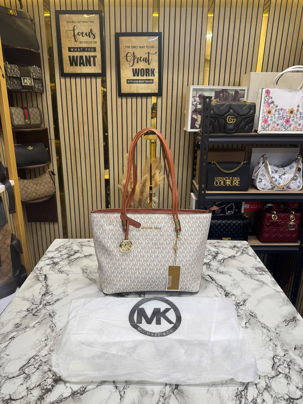 MK-Inspired Jet Set Travel Large Logo Tote Bag With Dust Bag (Beige)