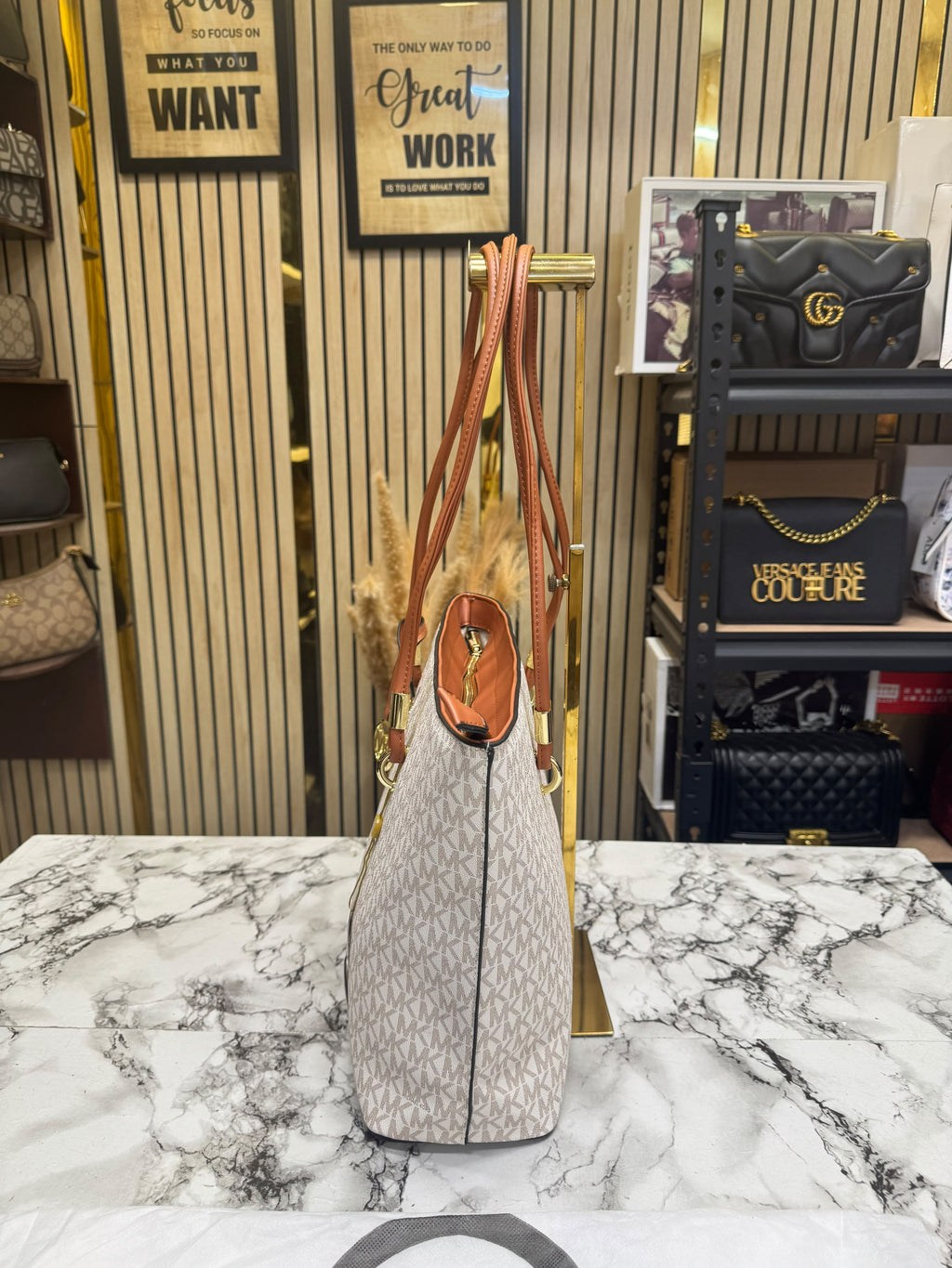 MK-Inspired Jet Set Travel Large Logo Tote Bag With Dust Bag (Beige)