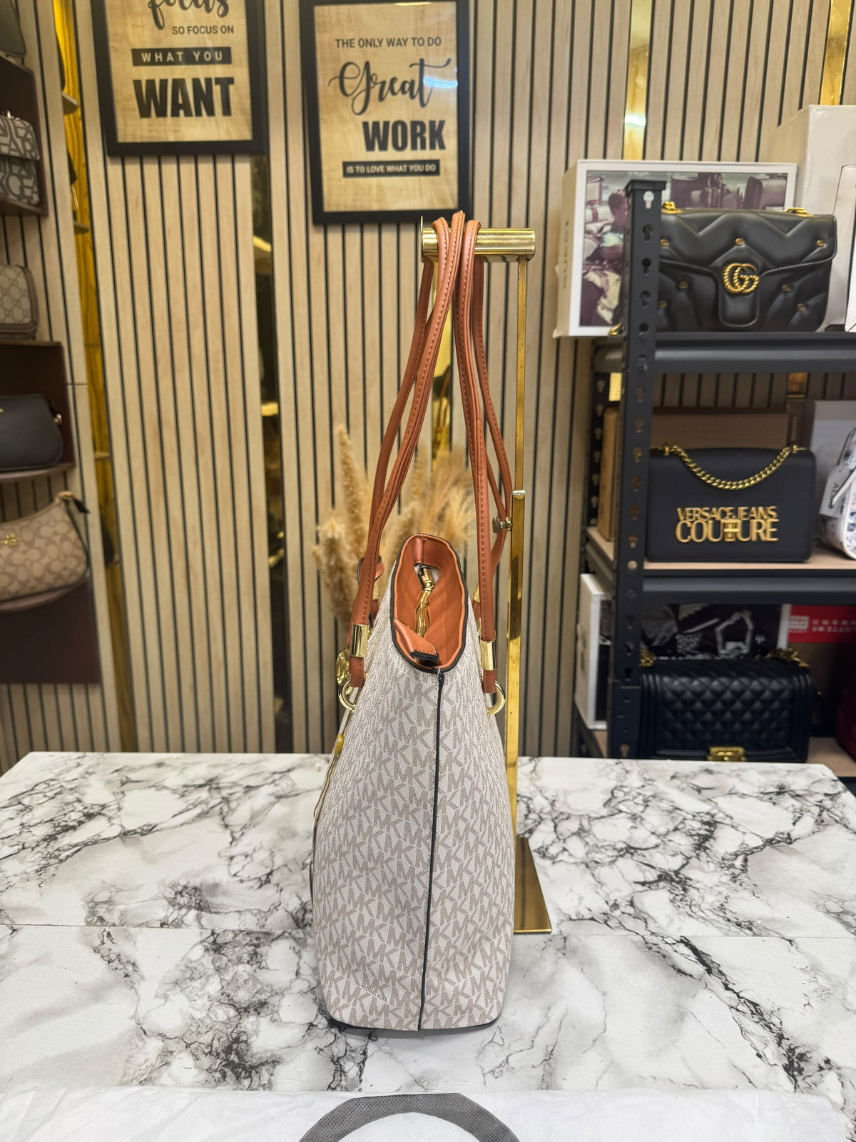 MK-Inspired Jet Set Travel Large Logo Tote Bag With Dust Bag (Beige)