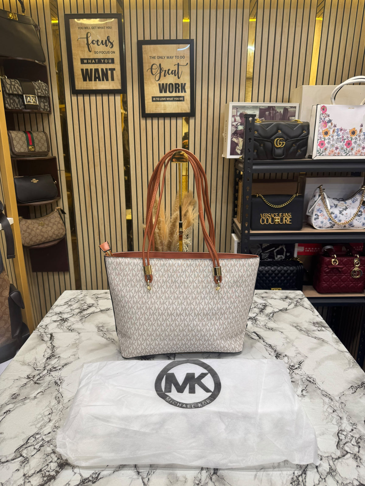 MK-Inspired Jet Set Travel Large Logo Tote Bag With Dust Bag (Beige)
