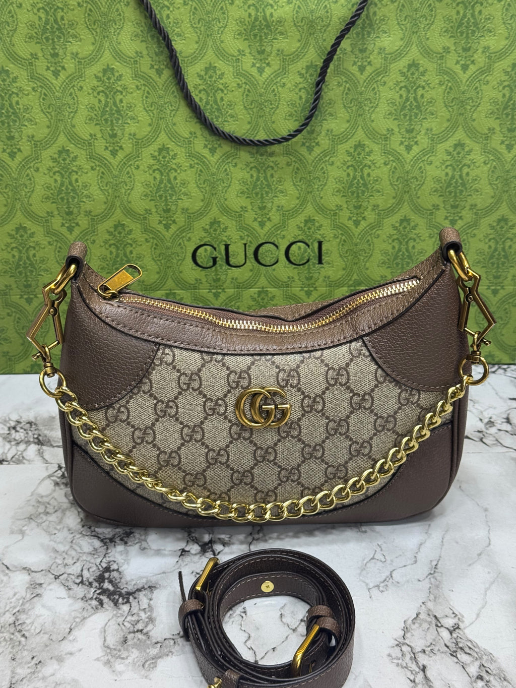 G-Inspired GG Monogram Chain Shoulder Bag With Double Box And Dust Bag Including Carry Bag