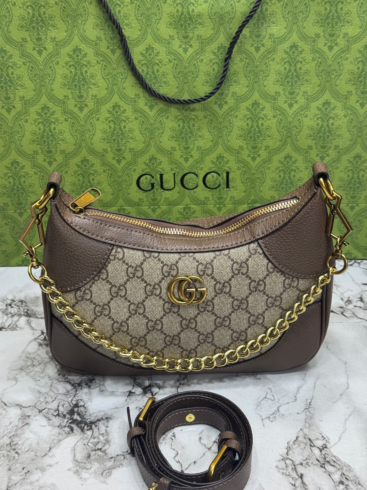 G-Inspired GG Monogram Chain Shoulder Bag With Double Box And Dust Bag Including Carry Bag
