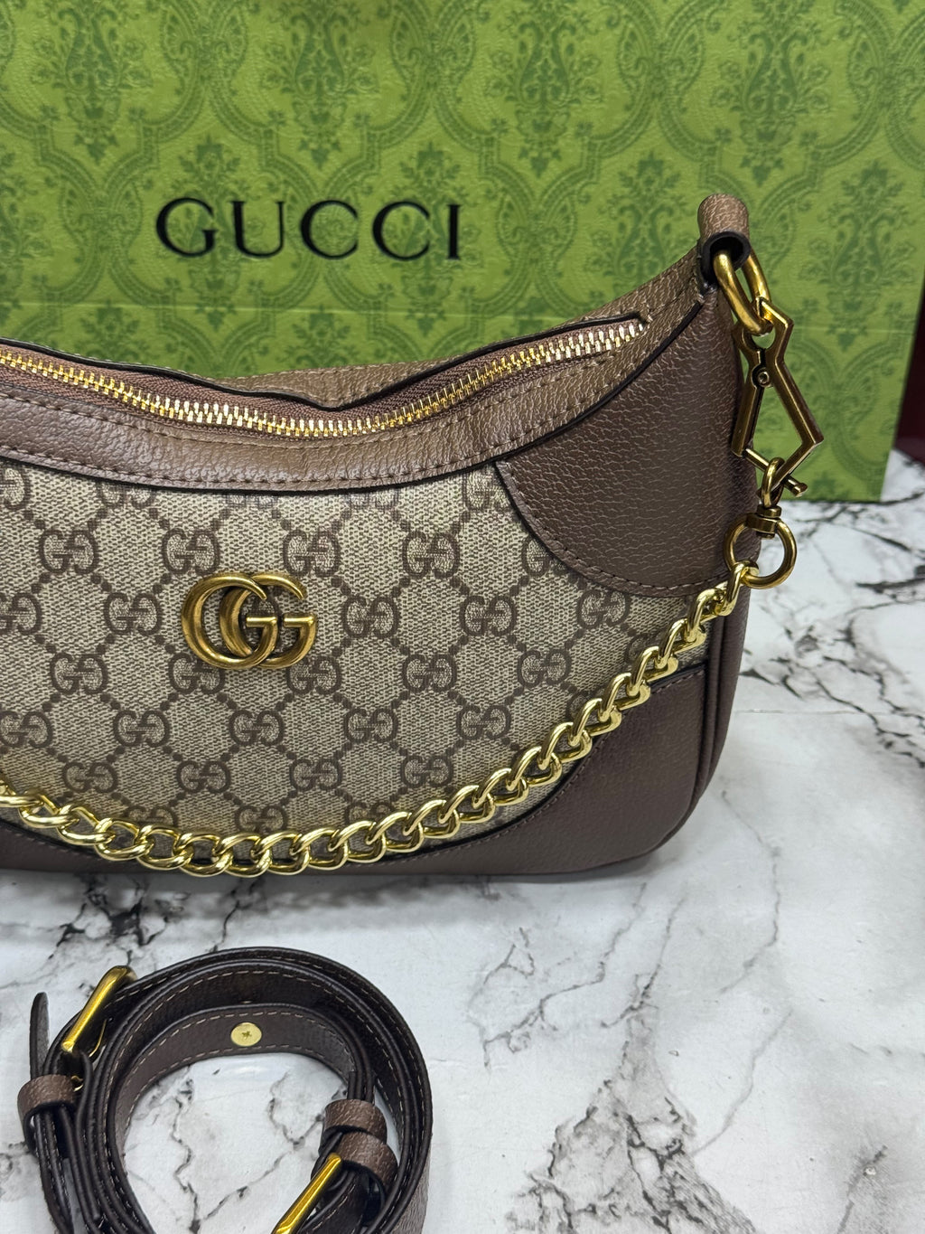 G-Inspired GG Monogram Chain Shoulder Bag With Double Box And Dust Bag Including Carry Bag