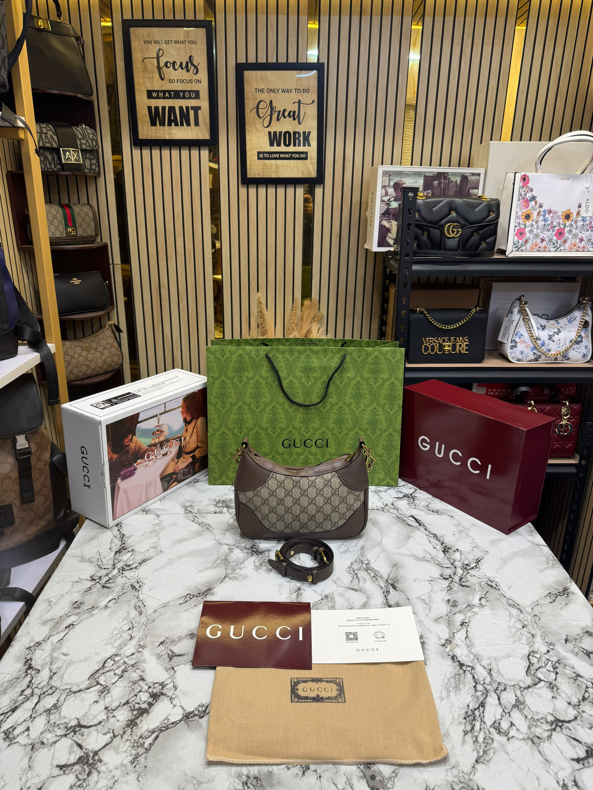 G-Inspired GG Monogram Chain Shoulder Bag With Double Box And Dust Bag Including Carry Bag