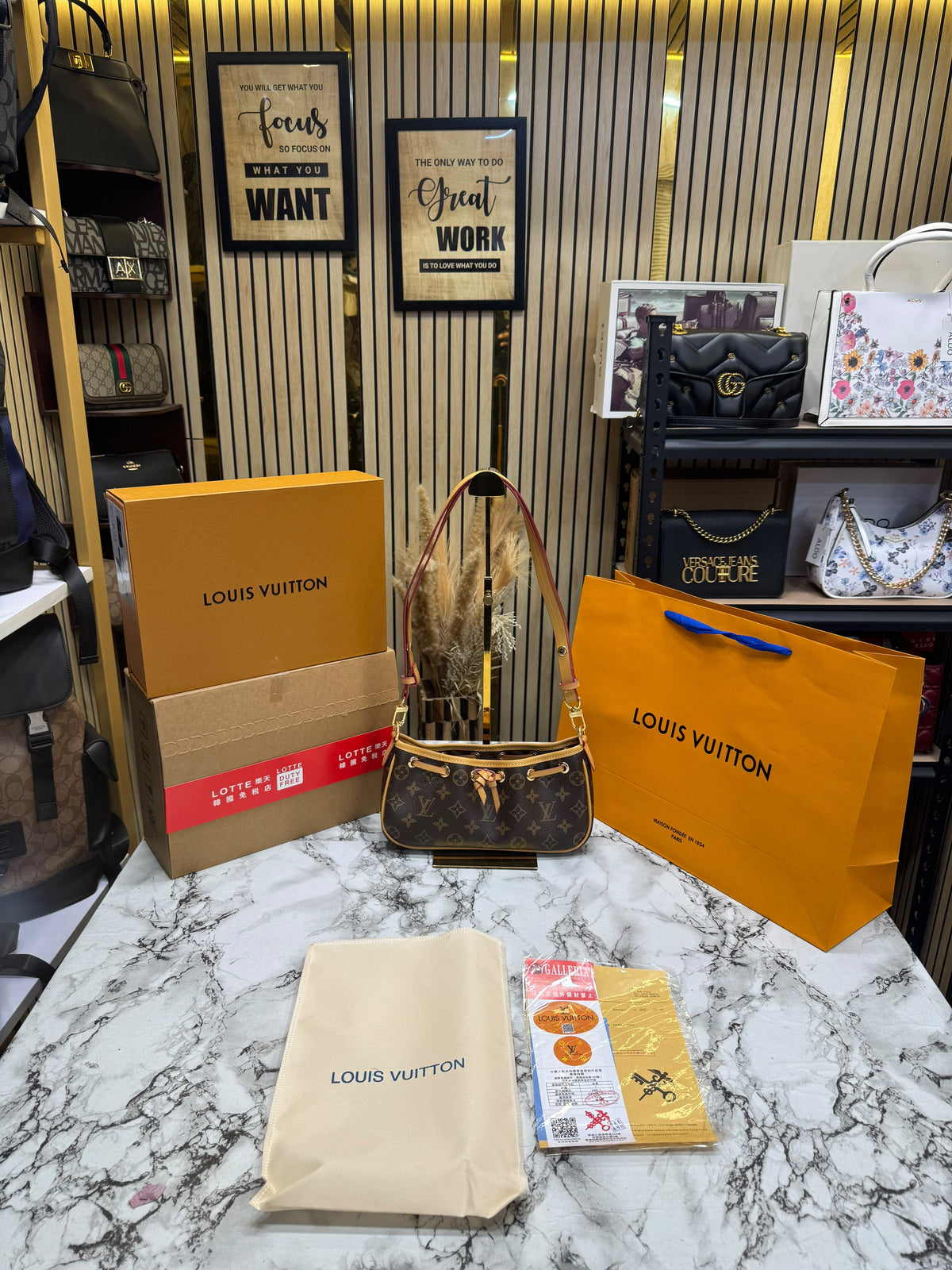 LV-Inspired Monogram Croissant PM Shoulder Bag With Double Box And Carry Bag (Dark Brown)