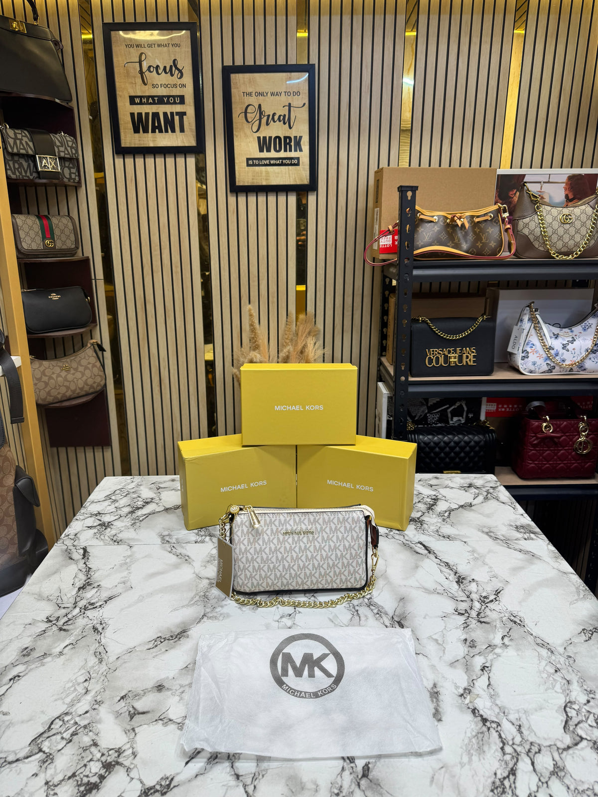 MK-Inspired Jet Set Leather Pouchette With Box And Dust Bag (Beige)
