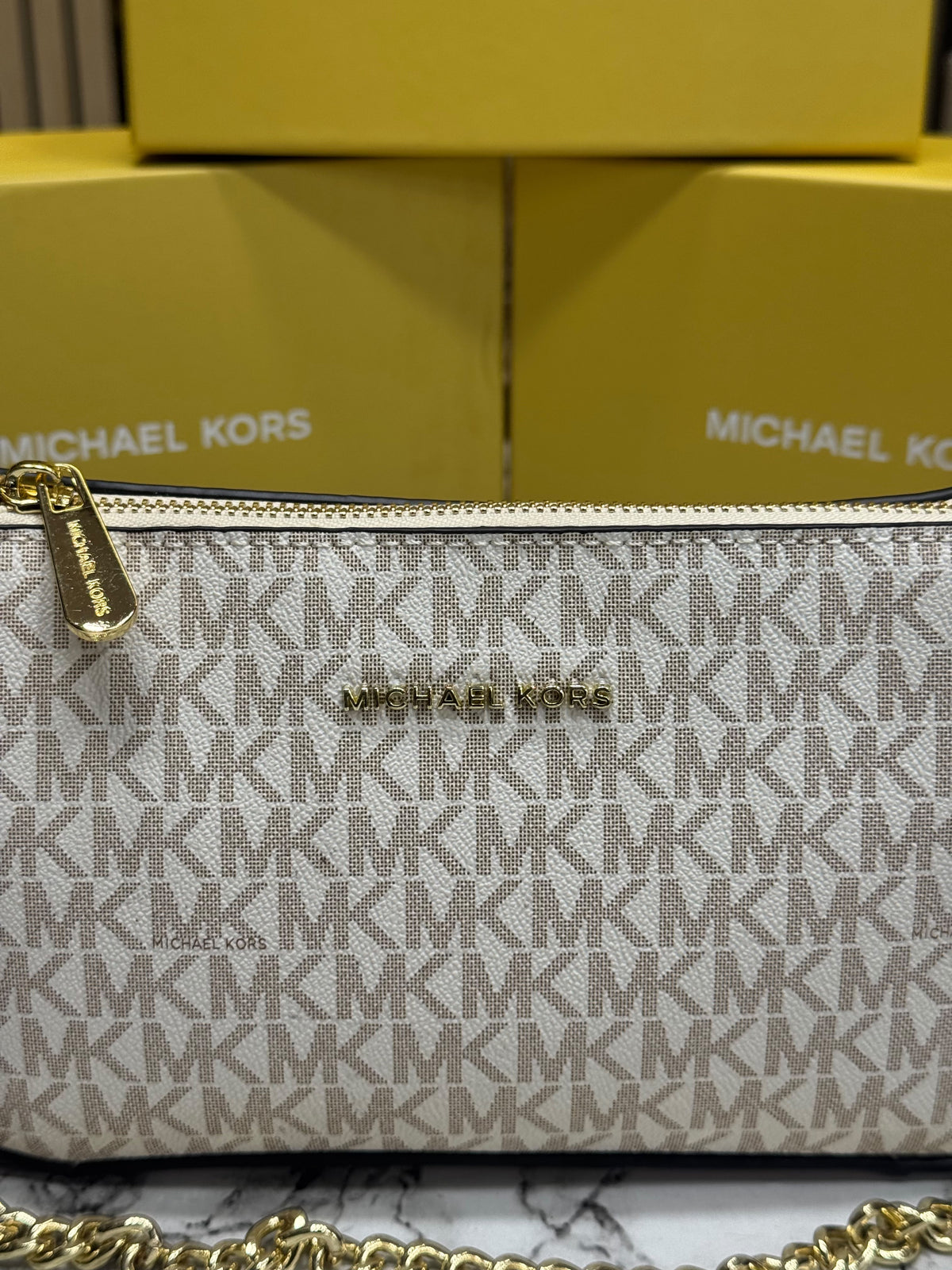 MK-Inspired Jet Set Leather Pouchette With Box And Dust Bag (Beige)