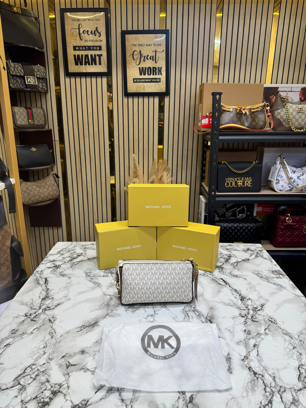 MK-Inspired Jet Set Leather Pouchette With Box And Dust Bag (Beige)