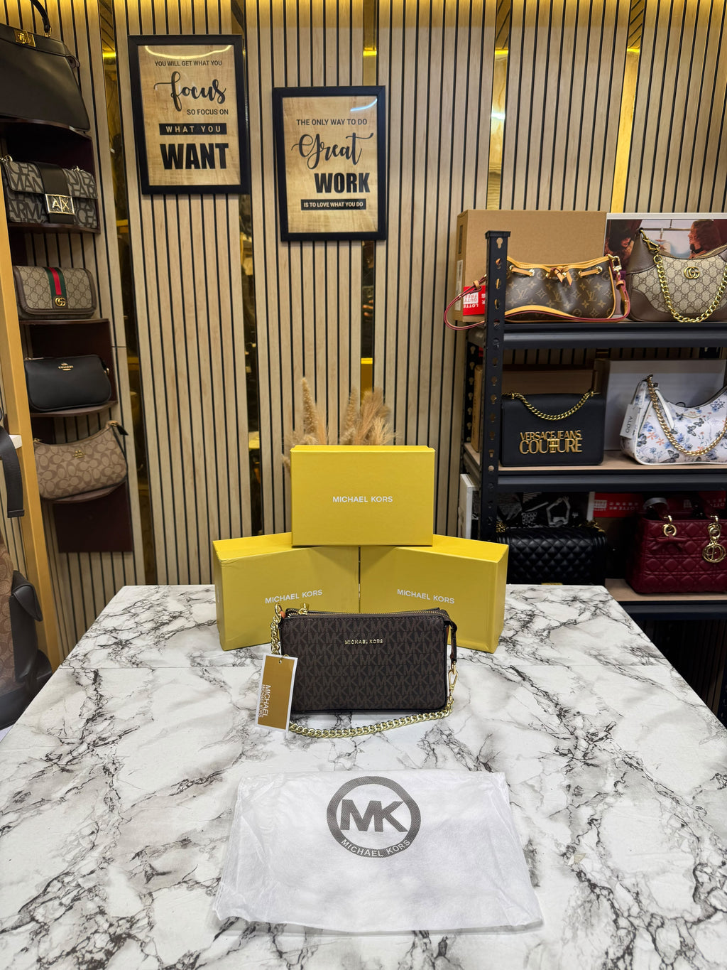 MK-inspired Jet Set Leather Pouchette With Box And Dust Bag (Brown)