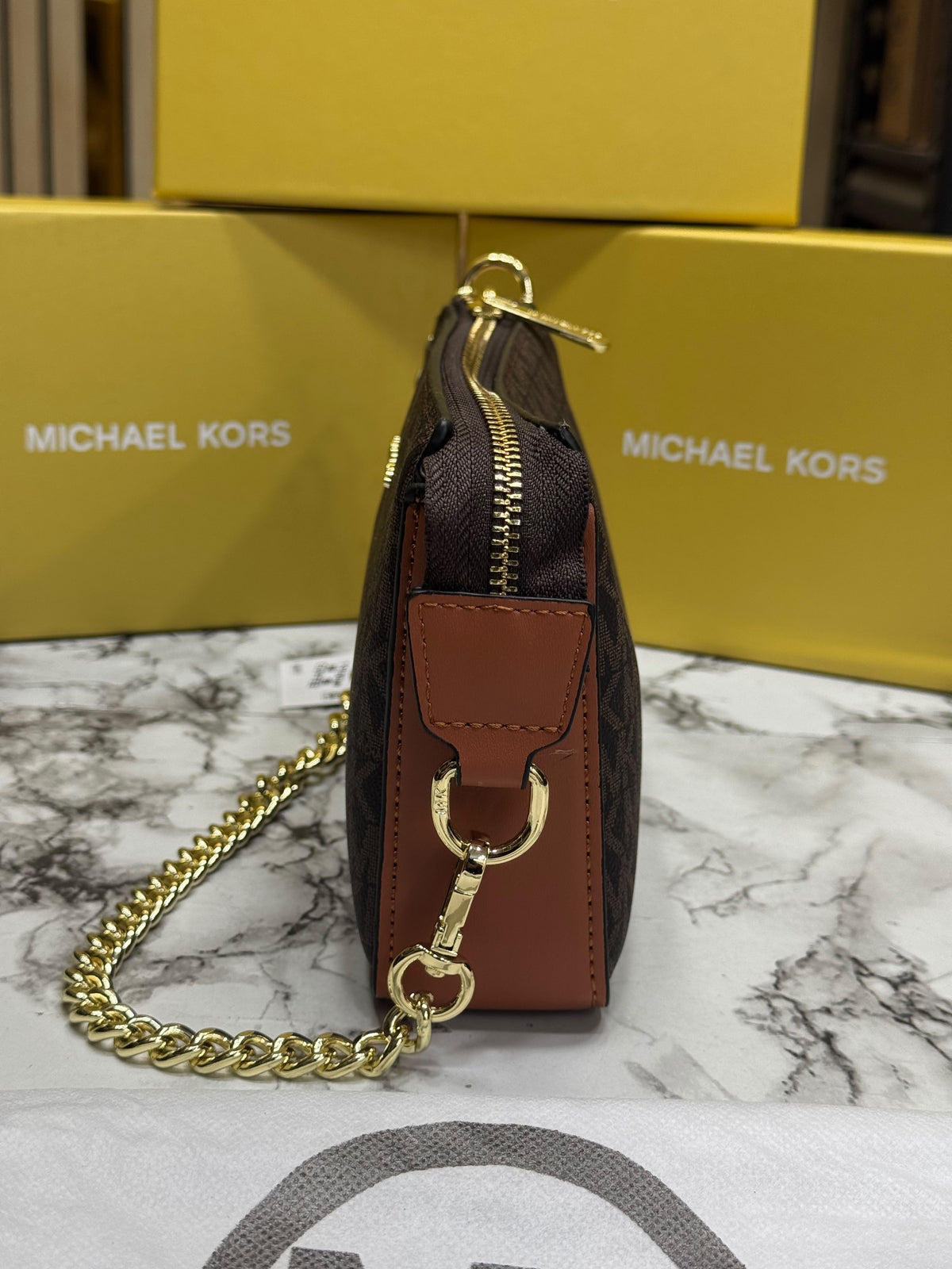 MK-inspired Jet Set Leather Pouchette With Box And Dust Bag (Brown)