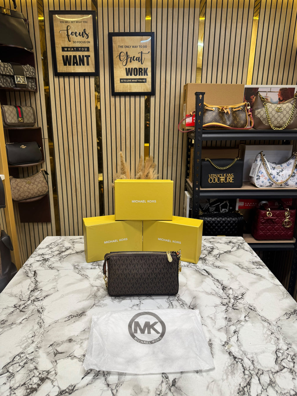 MK-inspired Jet Set Leather Pouchette With Box And Dust Bag (Brown)
