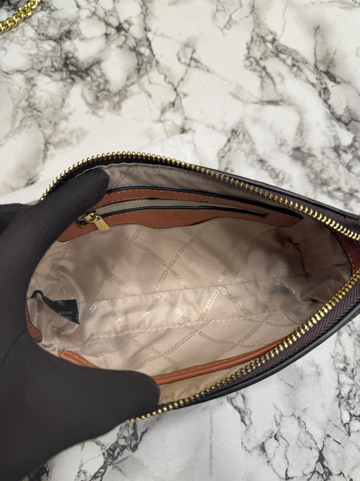 MK-Inspired Jet Set Leather Pouchette With Box And Dust Bag (Beige)