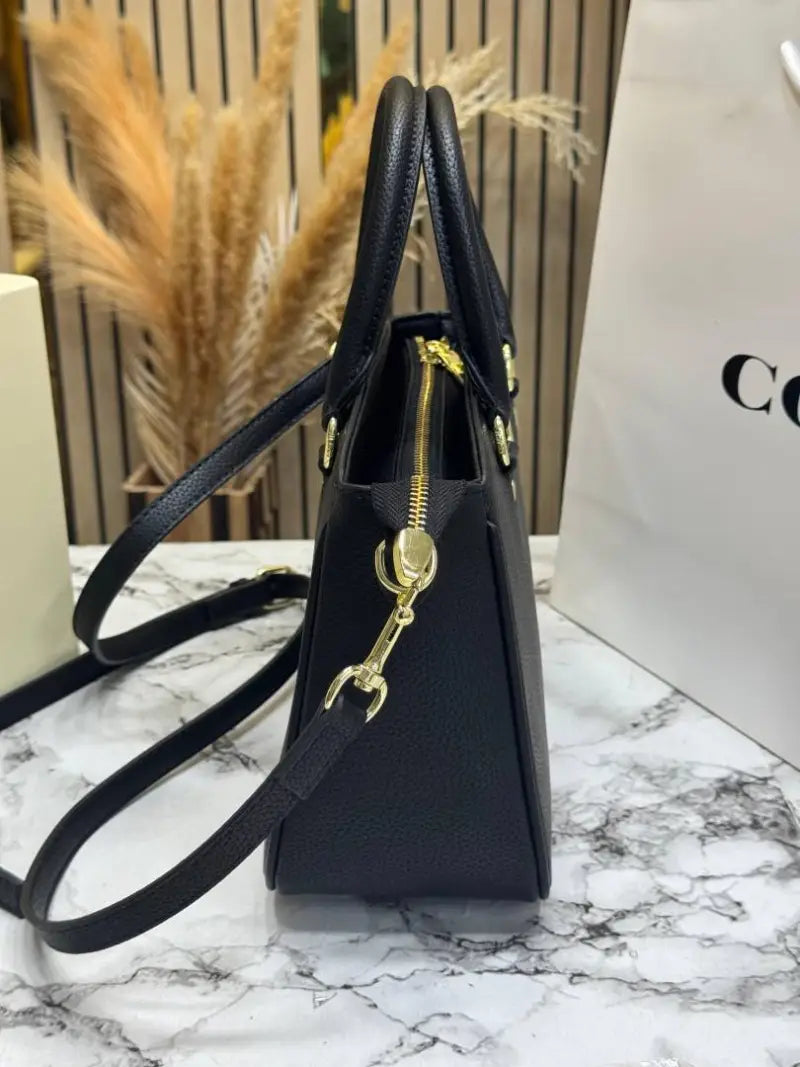 C-Inspired Signature Leather Satchel Top Handle Bag With Box And Dust Bag Including Carry Bag (Black)