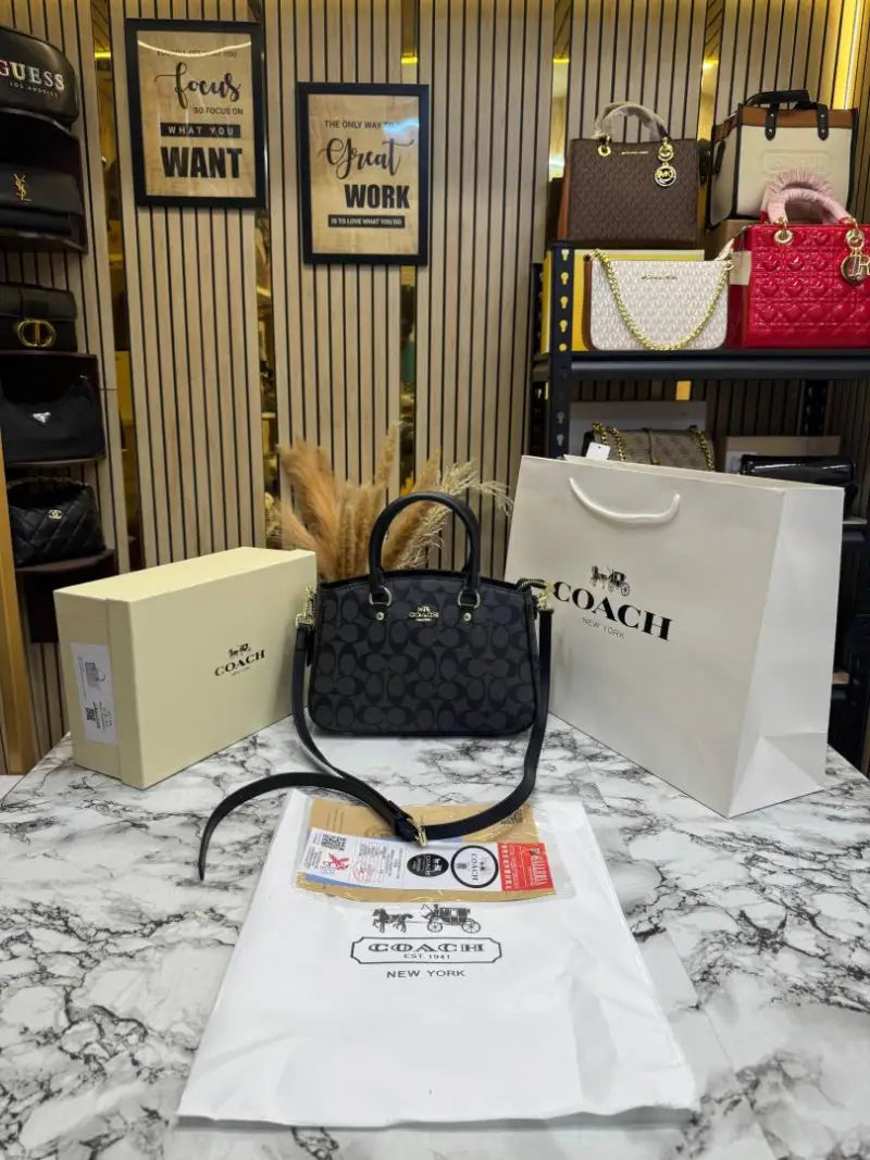 C-Inspired Signature Monogram Leather Satchel Top Handle Bag With Box And Dust Bag Including Carry Bag (Black Monogram)