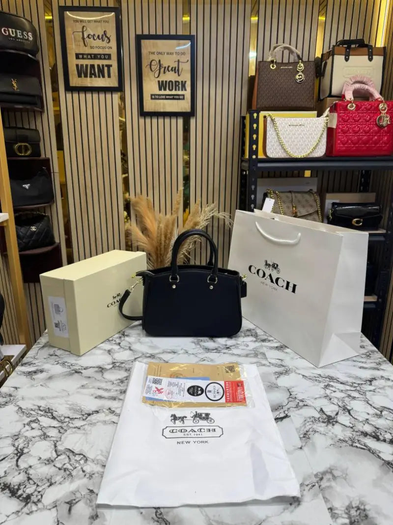 C-Inspired Signature Leather Satchel Top Handle Bag With Box And Dust Bag Including Carry Bag (Black)