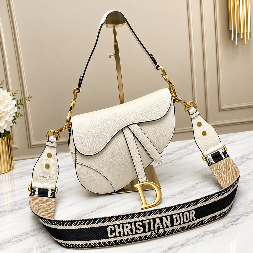 D-Inspired Saddle Premium Quality Shoulder Bag With Box And Dust Bag (White)